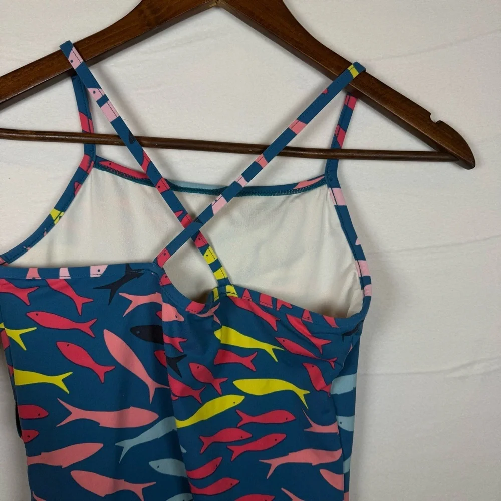 Garnet Hill Girls Size 12 Ruffle One-Piece Swimsuit Teal Fish Print Swimwear